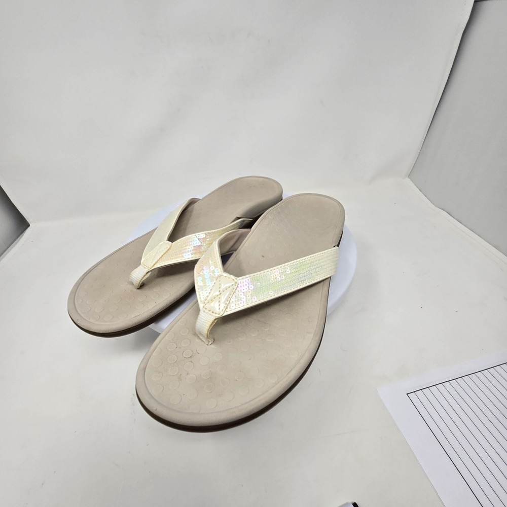 Vionic Tide‎ Sequins Orthotic Flip Flops Cream White Womens 10 TVW1002-2